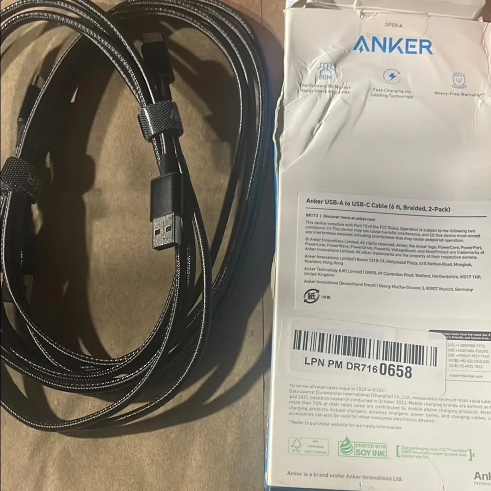 2 New Unused Anker Black USB Charging Cable for Cell Phones